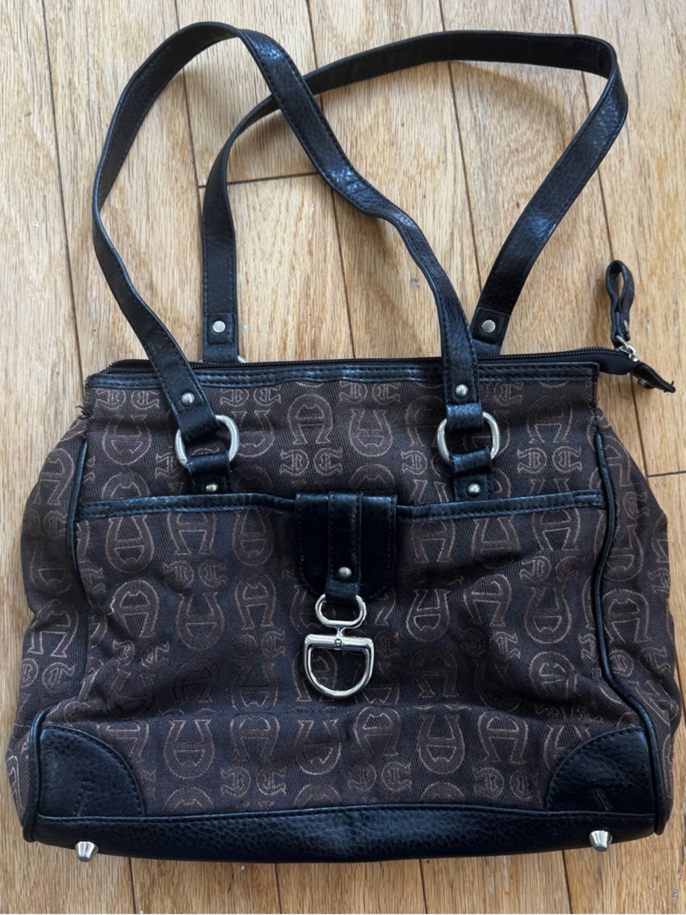 Vintage Etienne Aigner Brown Monogram Shoulder Bag Leather Trim Y2K Classic